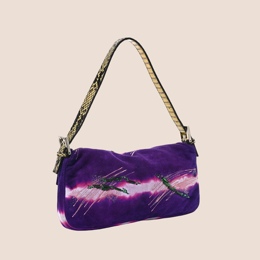FENDI PURPLE PYTHON TRIM SUEDE BEADED BAGUETTE BAG
