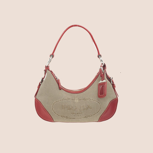 PRADA JACQUARD LOGO RED LEATHER TRIM SHOULDER BAG