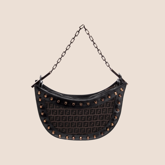 FENDI BROWN ZUCCHINO STUDDED HALF MOON BAG