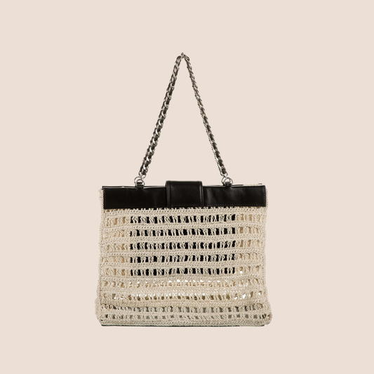 CHANEL BEIGE & BLACK WOVEN TOTE BAG