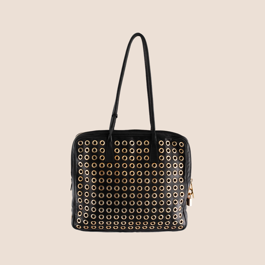 PRADA BLACK LEATHER GROMMET FLAT TOTE BAG