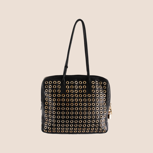 PRADA BLACK LEATHER GROMMET FLAT TOTE BAG