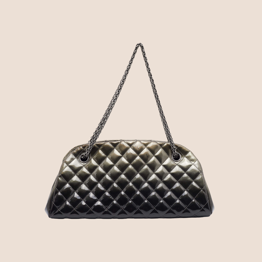 CHANEL GREY & GREEN OMBRE QUILTED PATENT LEATHER BOWLER BAG