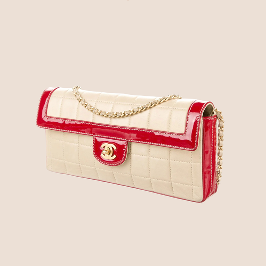 CHANEL RED & CREAM CHOCOLATE BAR EAST WEST FLAP BAG