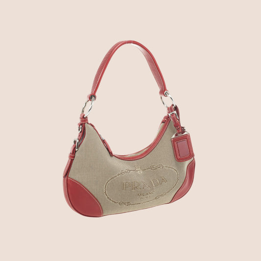 PRADA JACQUARD LOGO RED LEATHER TRIM SHOULDER BAG