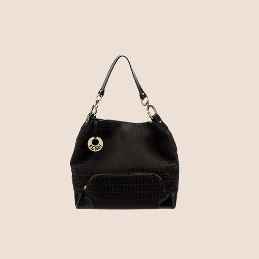 FENDI 2005 BLACK LEATHER TRIM ZUCCHINO HOBO BAG