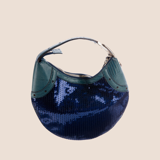 GUCCI 2000 NAVY SEQUIN & LIZARD HOBO BAG