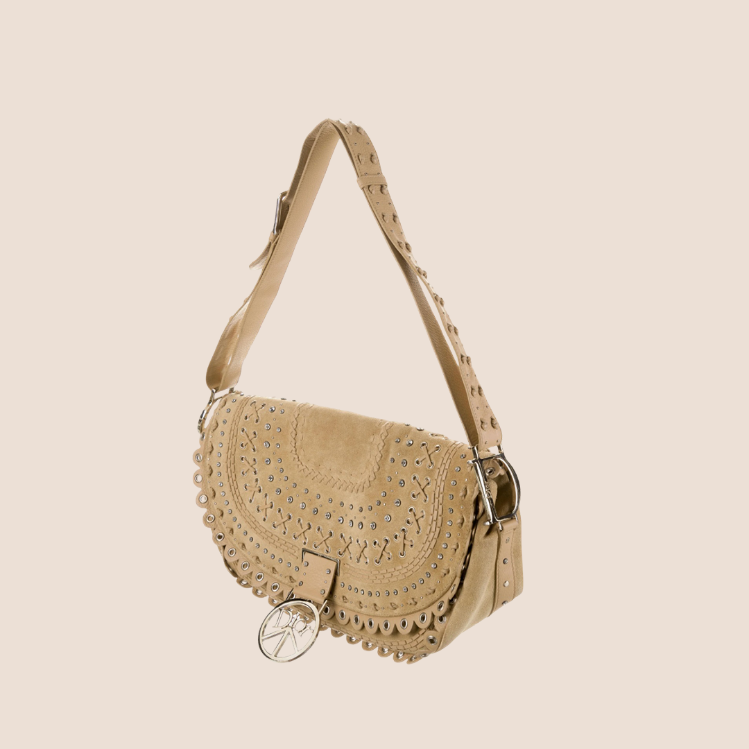 CHRISTIAN DIOR 2005 BEIGE SUEDE LEATHER PEACE LOGO CRYSTAL HOBO BAG