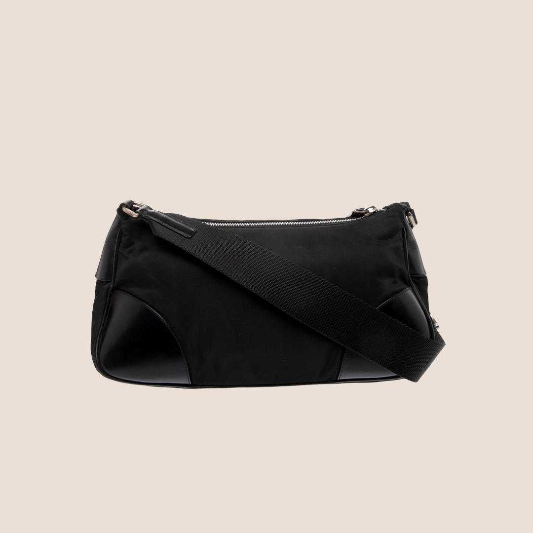 PRADA BLACK TESSUTO NYLON LEATHER TRIM MOON BAG