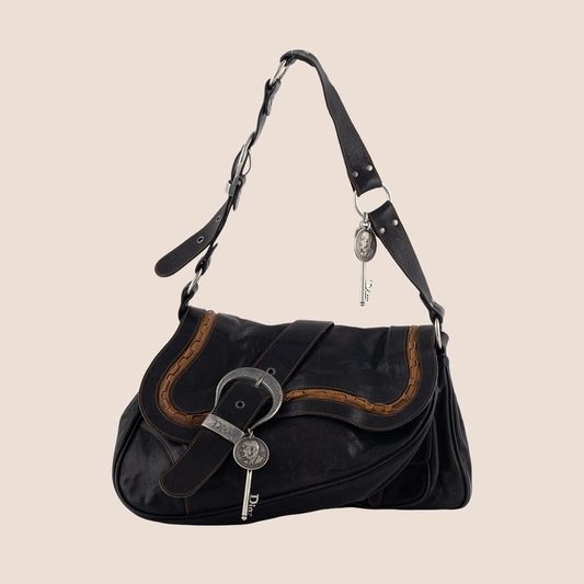CHRISTIAN DIOR 2006 BLACK LEATHER GAUCHO DOUBLE SADDLE BAG