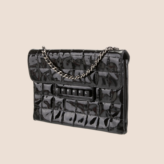 CHANEL BLACK PATENT LEATHER DIGITAL KEYBOARD LOGO CHAIN SHOULDER BAG