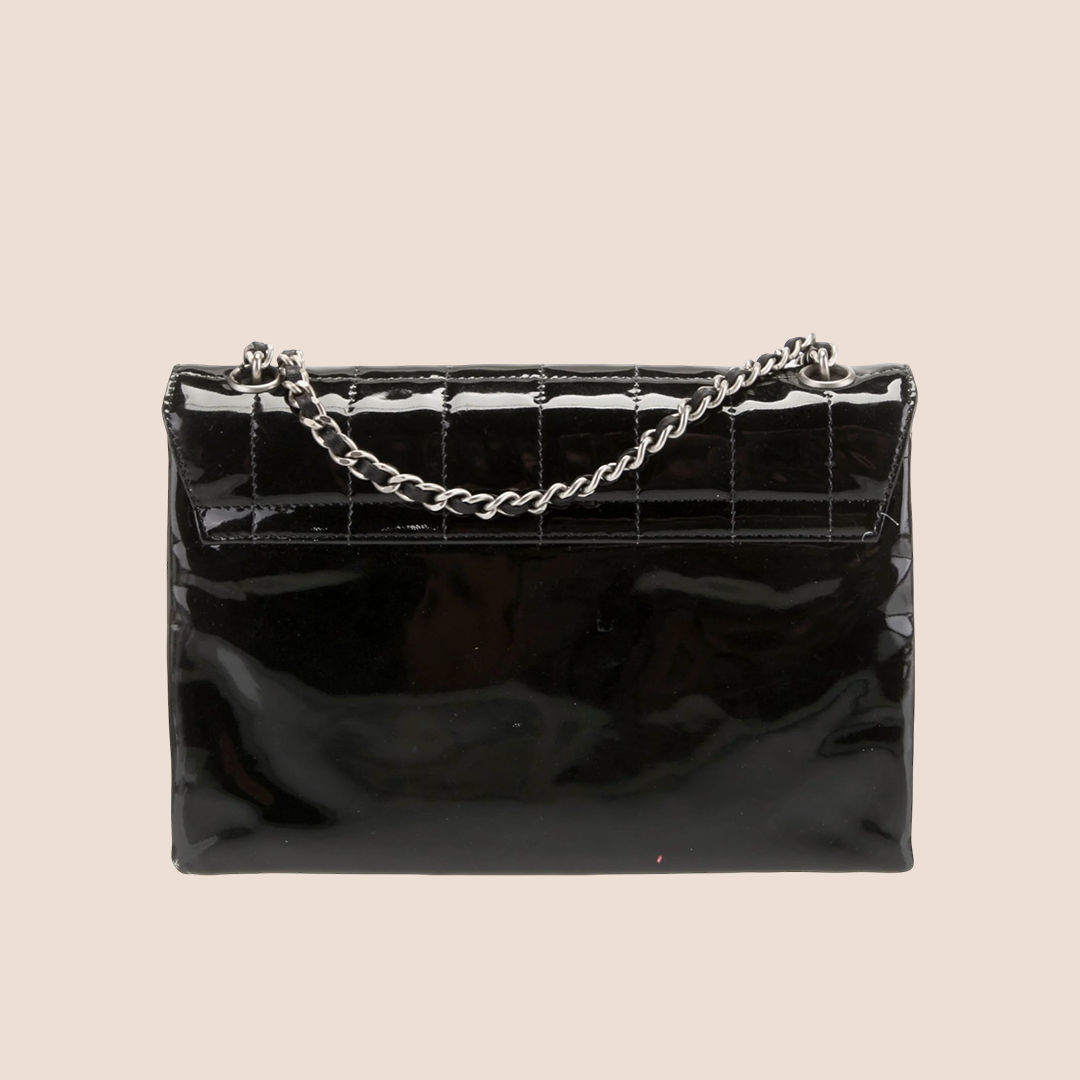 CHANEL BLACK PATENT LEATHER DIGITAL KEYBOARD LOGO CHAIN SHOULDER BAG