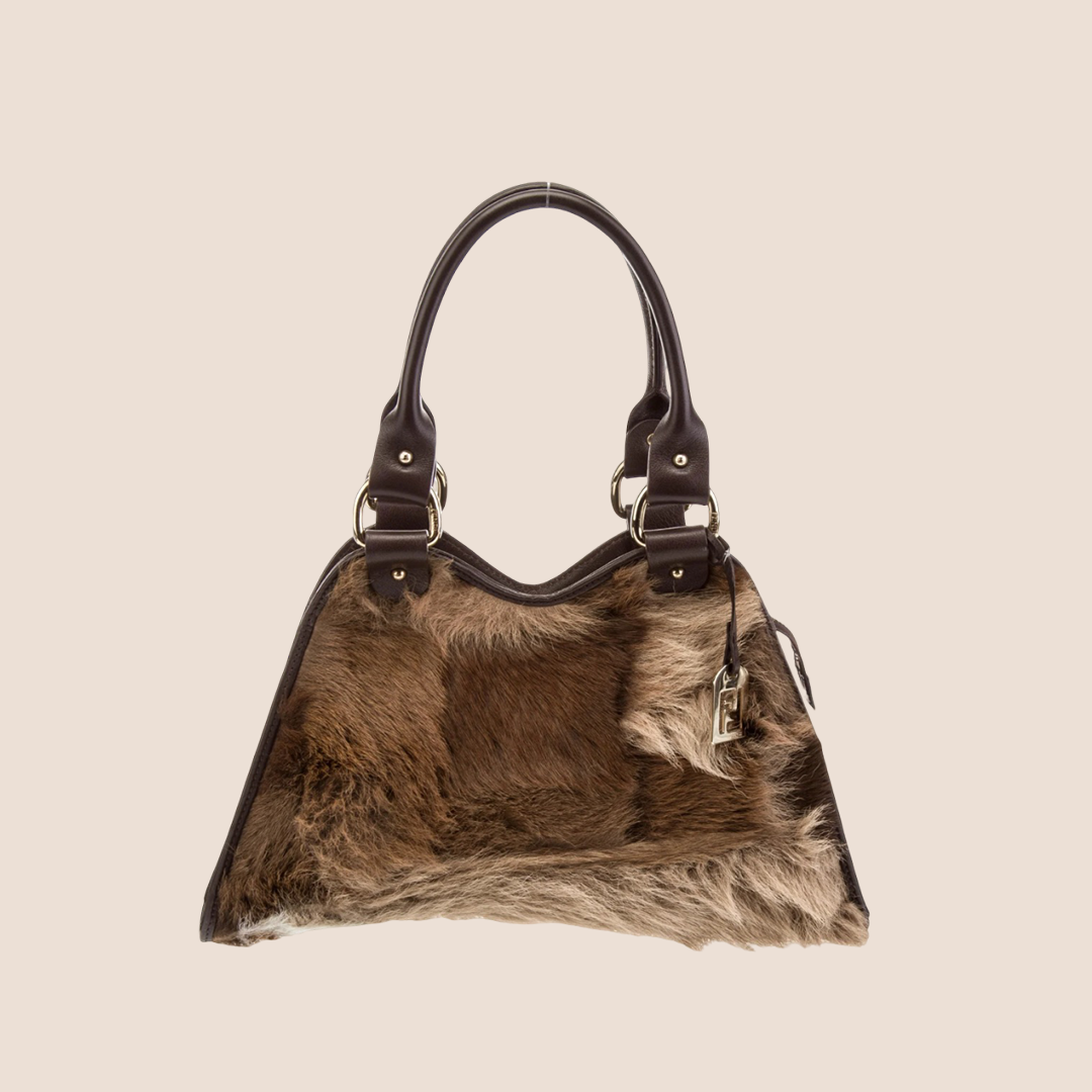 FENDI 2003 BROWN FUR DEVIL TRAPEZIO TOTE BAG