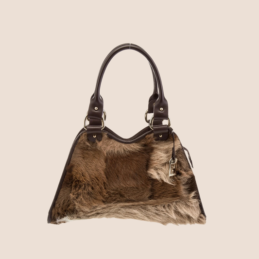FENDI 2003 BROWN FUR DEVIL TRAPEZIO TOTE BAG