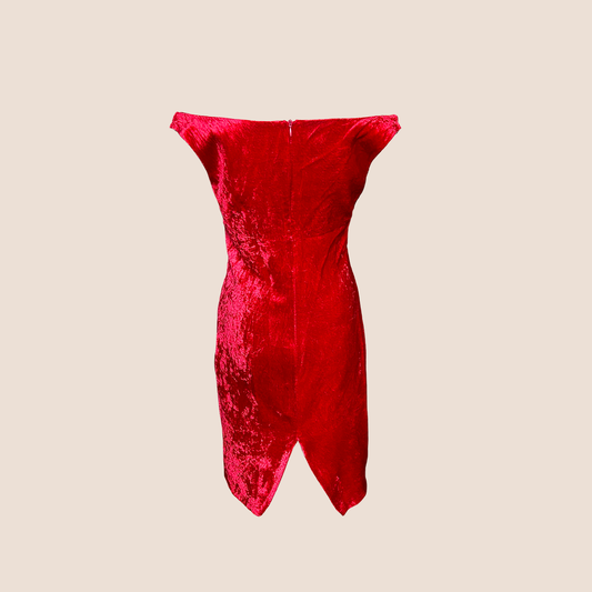 ANNA MOLINARI 2000 RED VELVET OFF SHOULDER MIDI DRESS