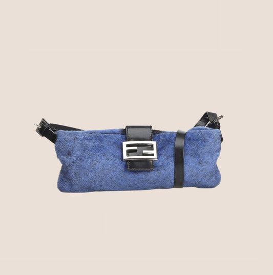 FENDI BLUE FUR CROSSBODY BAGUETTE BAG