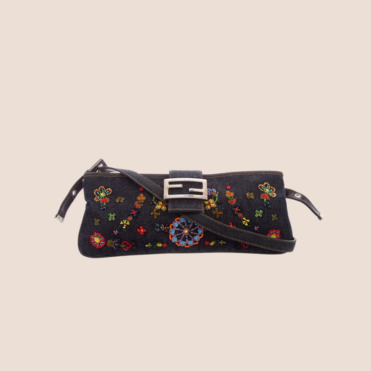 FENDI 2000s FLORAL EMBROIDERED DENIM SHOULDER BAG