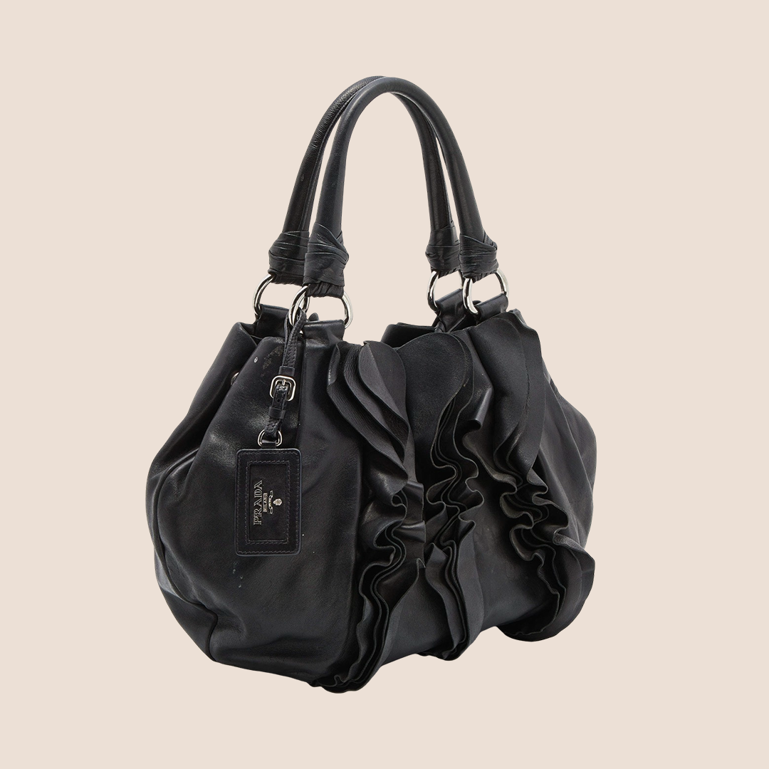 PRADA 2000 BLACK NAPPA RUFFLE MORDORE HOBO BAG