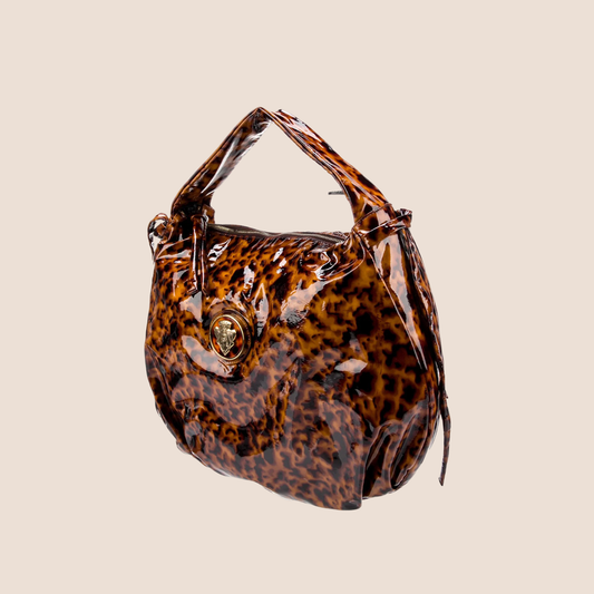 GUCCI BROWN PATENT LEATHER HYSTERIA HOBO BAG