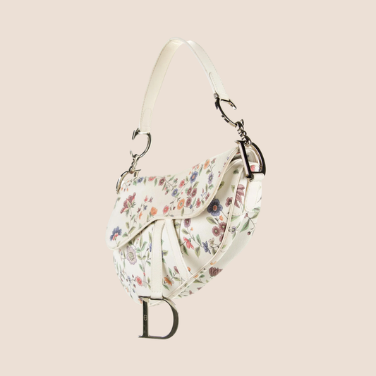 CHRISTIAN DIOR LIMITED EDITION WHITE FLORAL CANVAS SADDLE BAG