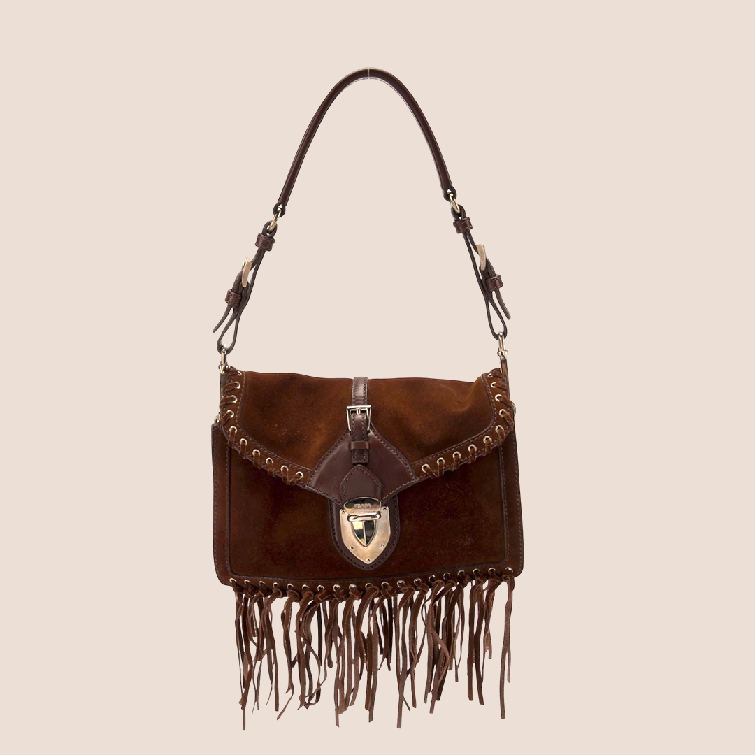 PRADA 2000 BROWN SUEDE WHIPSTITCH FRINGE BAG