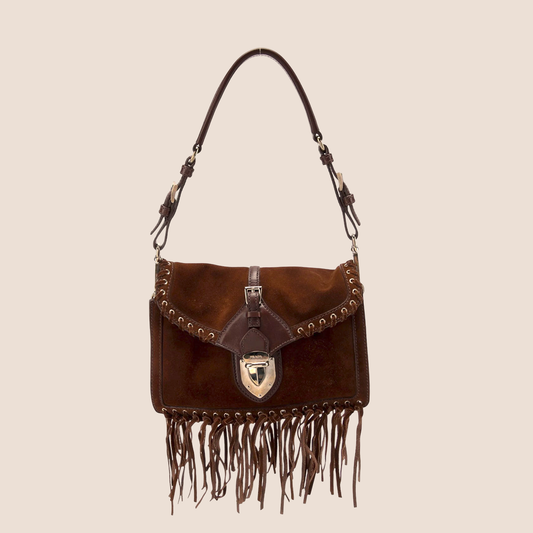 PRADA 2000 BROWN SUEDE WHIPSTITCH FRINGE BAG