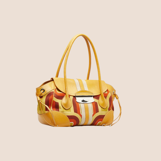 PRADA YELLOW MULTICOLOR CANVAS PRINTED HANDBAG