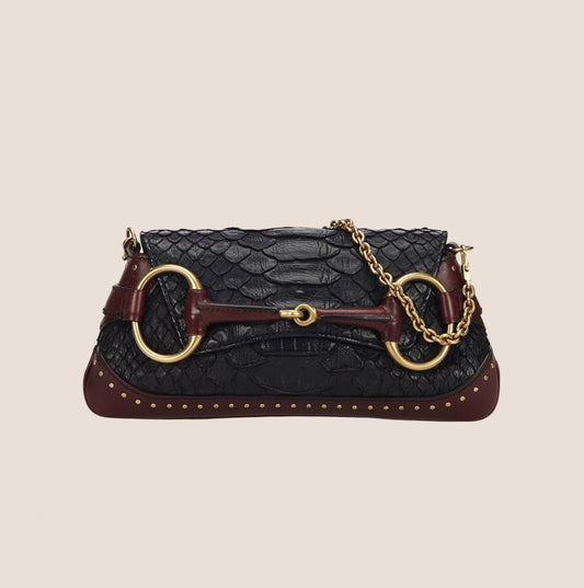 GUCCI BURGUNDY & BLACK PYTHON HORSEBIT CHAIN CLUTCH BAG
