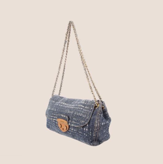 PRADA BLUE TELA TWEED FLAP BAG