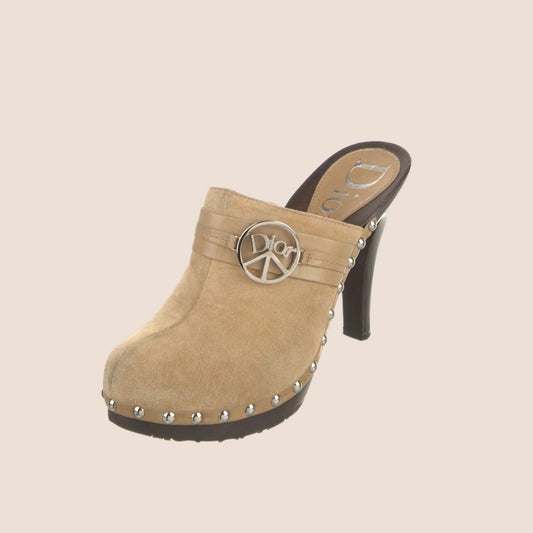 CHRISTIAN DIOR 2005 LIGHT BROWN SUEDE STUDDED CLOGS