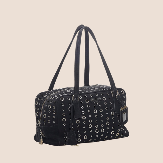PRADA BROWN LEATHER GROMMET BOWLER BAG