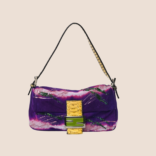 FENDI PURPLE PYTHON TRIM SUEDE BEADED BAGUETTE BAG
