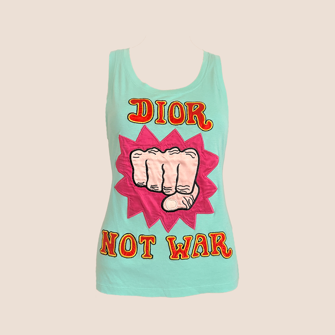 CHRISTIAN DIOR 2005 TURQUOISE 'DIOR NOT WAR' TANK TOP