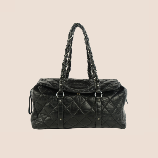 CHANEL BLACK DISTRESSED QUILTED LADY BRAID FLAP TOTE BAG