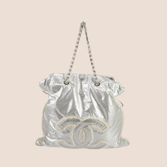 CHANEL METALLIC SILVER POLAR BON BON TOTE BAG