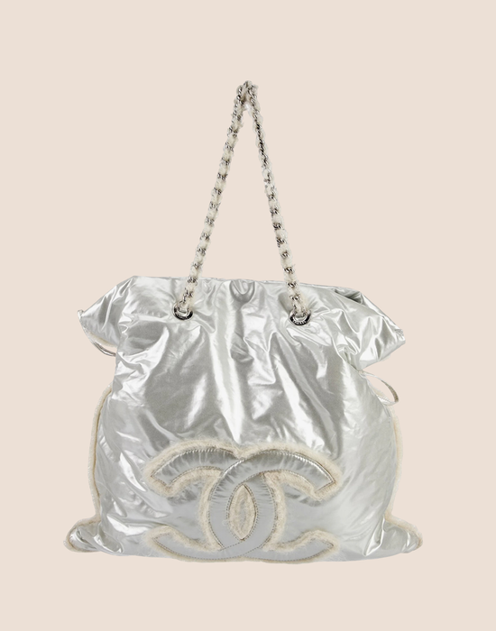 CHANEL METALLIC SILVER POLAR BON BON TOTE BAG