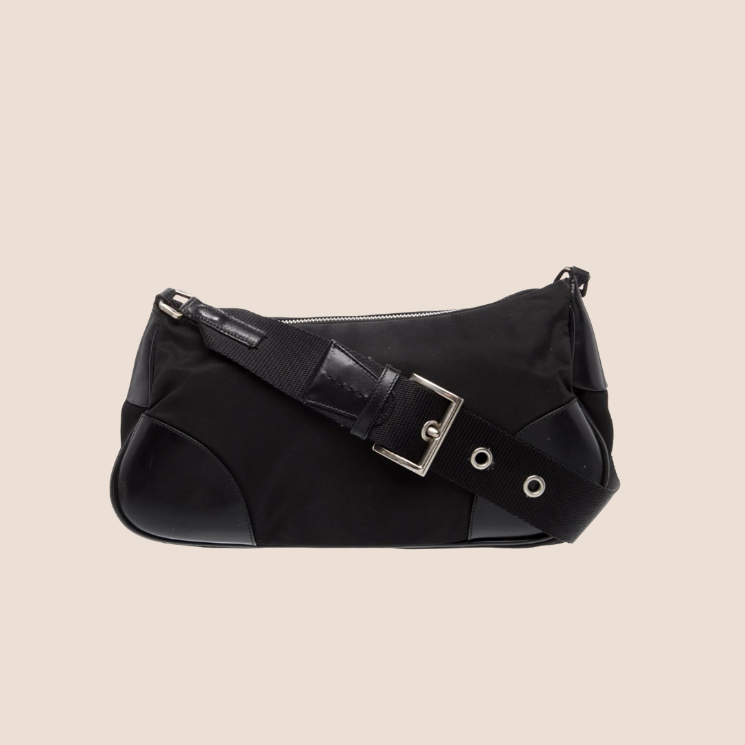 PRADA BLACK TESSUTO NYLON LEATHER TRIM MOON BAG
