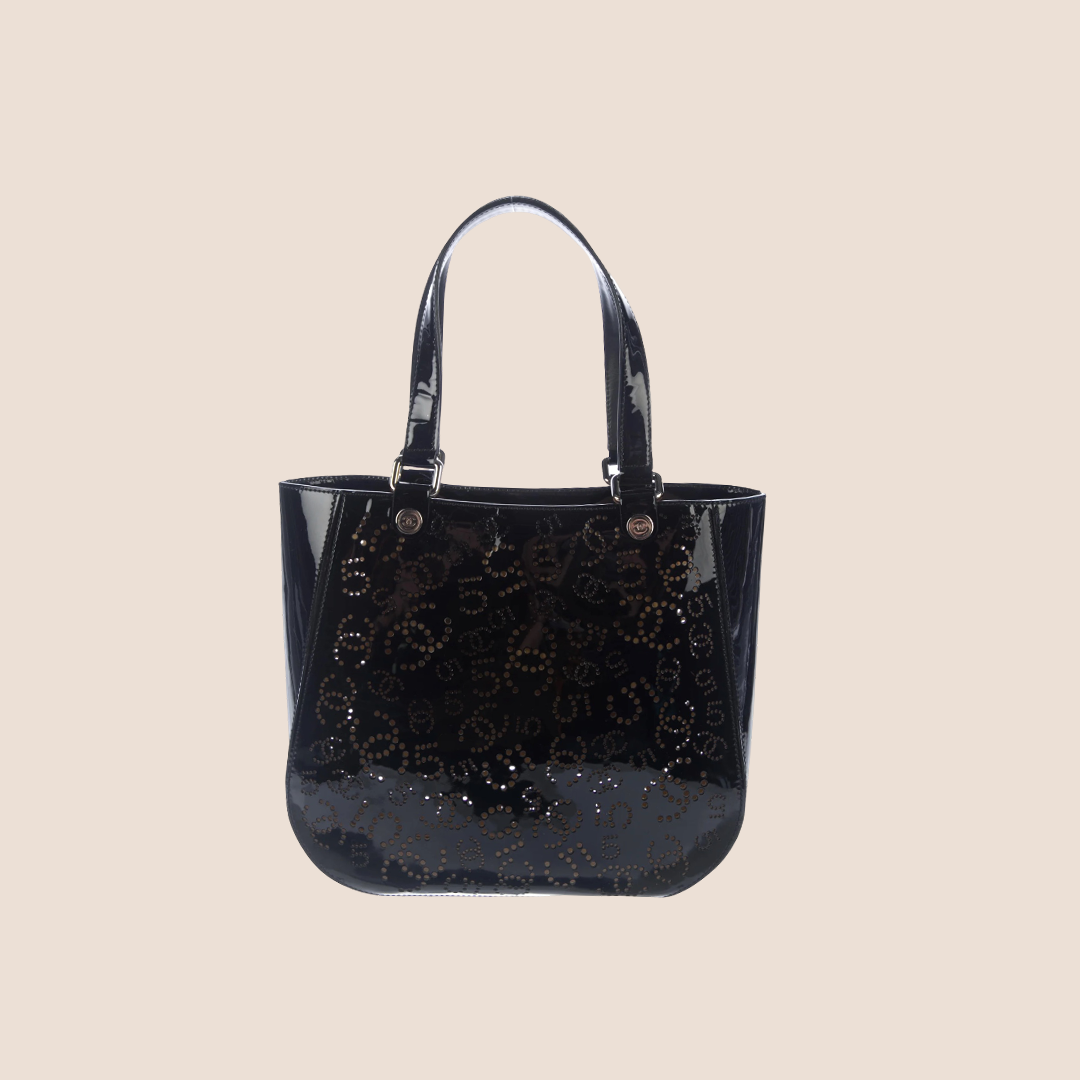 CHANEL BLACK PATENT PERFORATED CC TOTE BAG