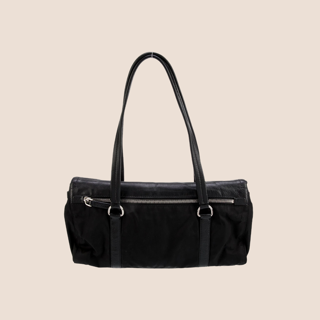 PRADA BLACK NYLON & LEATHER FLAP BAG