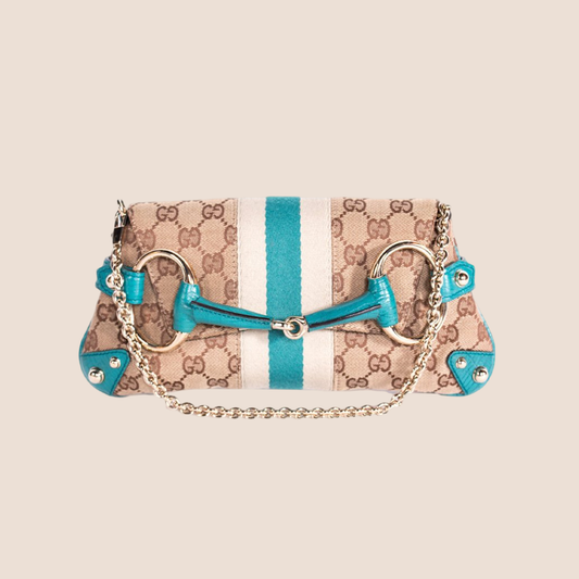 GUCCI BEIGE & BLUE MONOGRAM CANVAS HORSEBIT CLUTCH