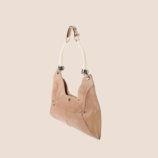 YVES SAINT LAURENT BEIGE LEATHER STRUCTURED MOMBASA SHOULDER BAG