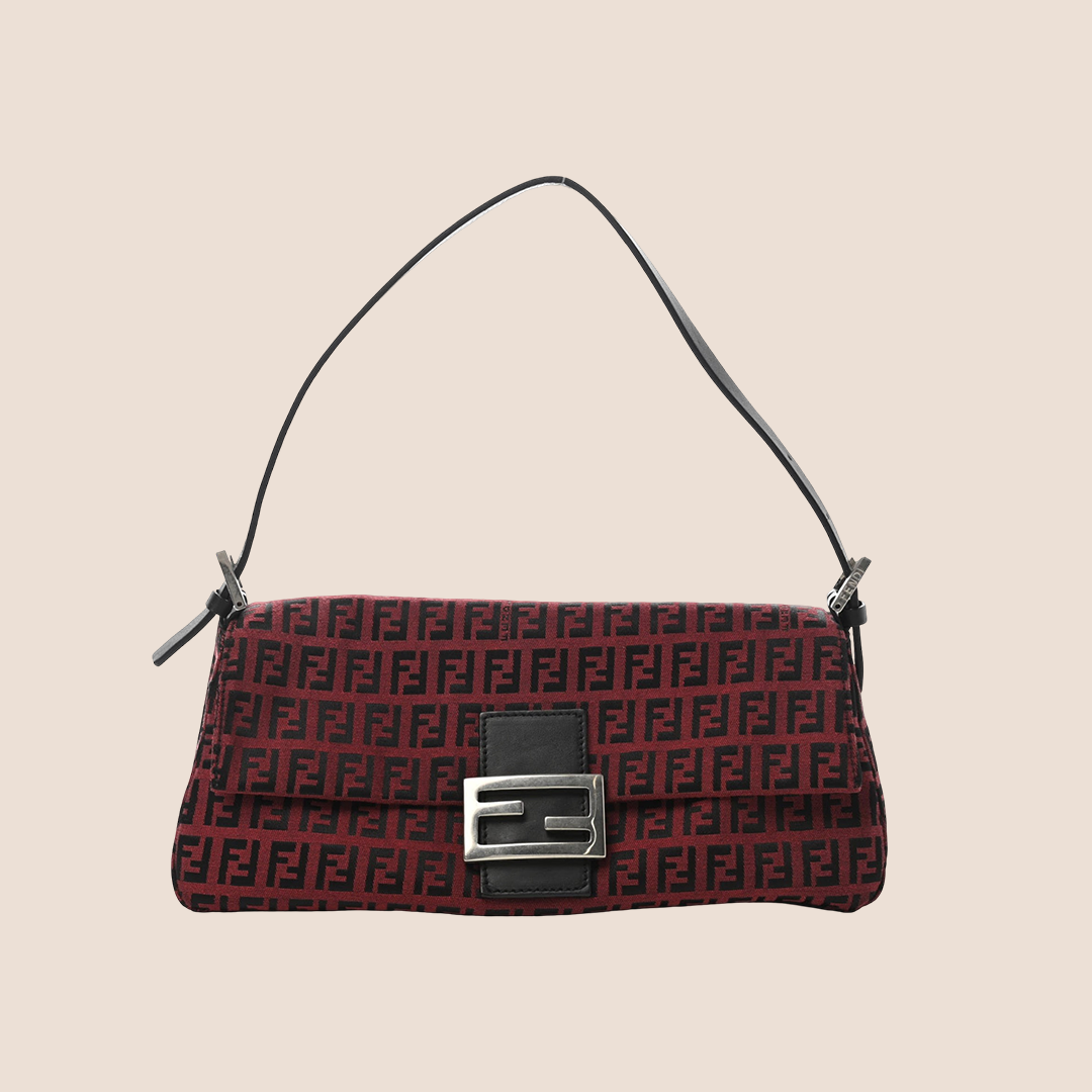 FENDI BURGUNDY & BLACK ZUCCHINO CANVAS BAGUETTE BAG