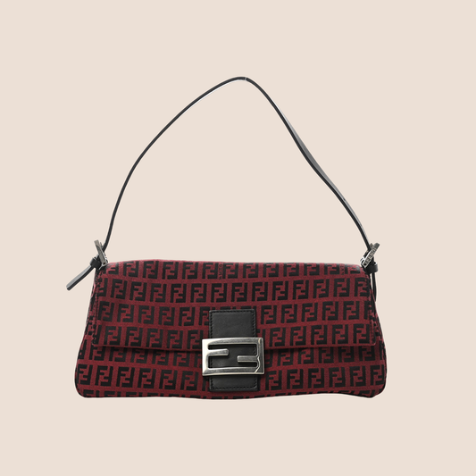 FENDI BURGUNDY & BLACK ZUCCHINO CANVAS BAGUETTE BAG