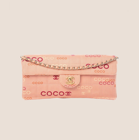 CHANEL PINK CANVAS CHOCOLATE BAR EAST WEST FLAP BAG