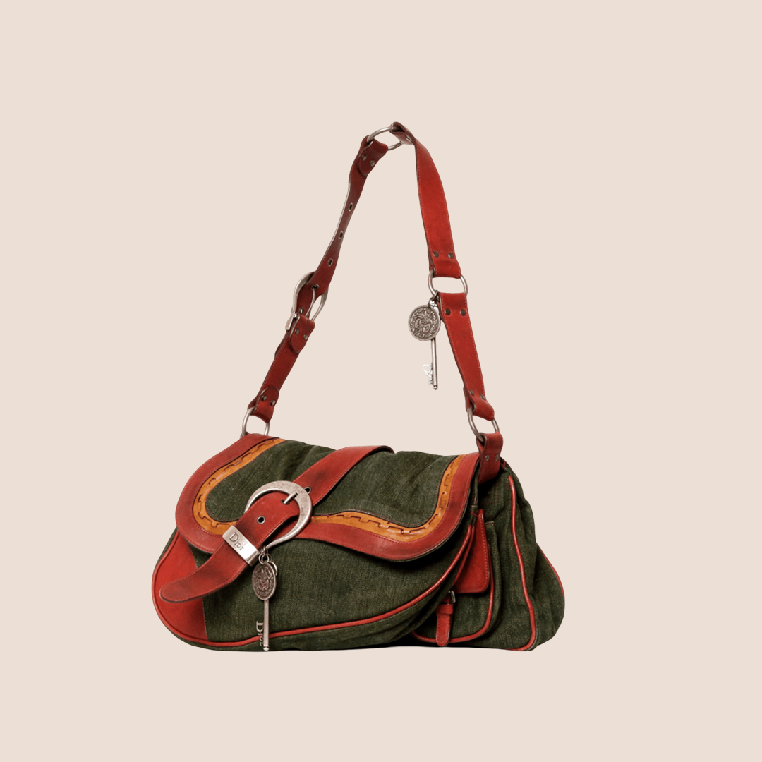 CHRISTIAN DIOR 2006 WASHED DENIM RED LEATHER DOUBLE SADDLE SHOULDER BAG