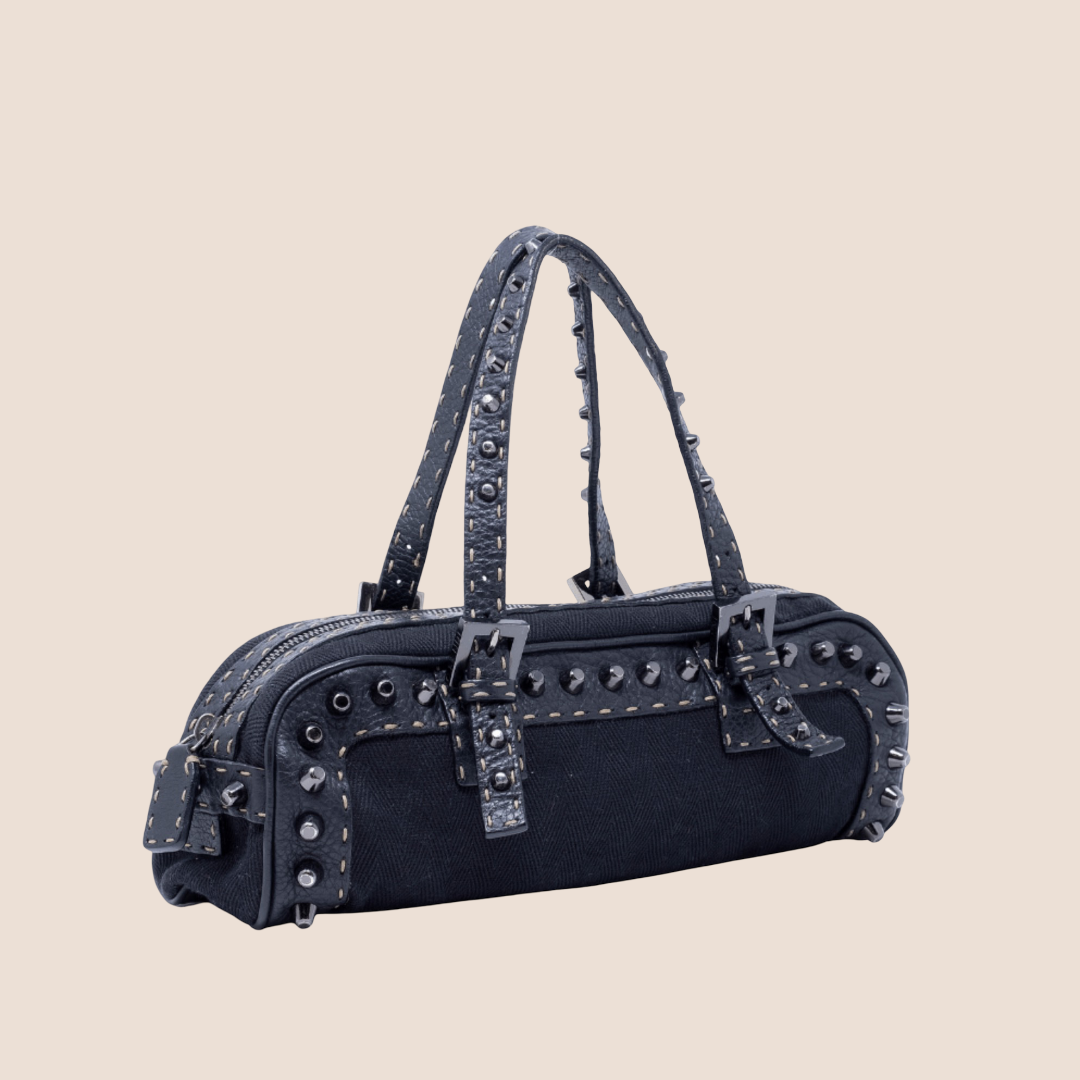 FENDI BLACK STUDDED SELLERIA EAST WEST SHOULDER BAG