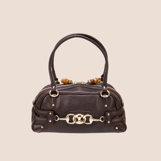 GUCCI BROWN LEATHER MONOGRAM WAVE BOSTON BAG