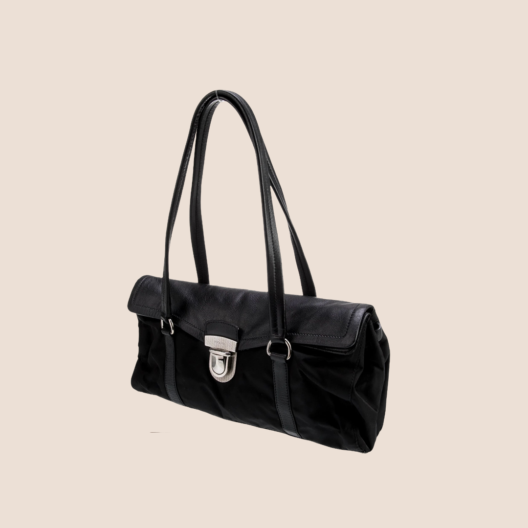 PRADA BLACK NYLON & LEATHER FLAP BAG