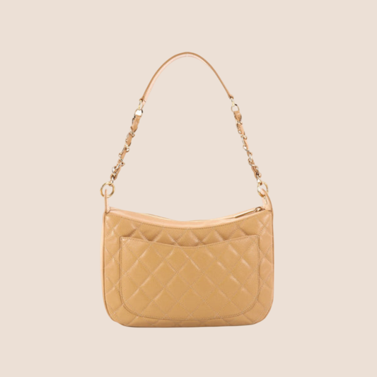 CHANEL BEIGE CAVIAR CC LOGO QUILTED POCHETTE BAG