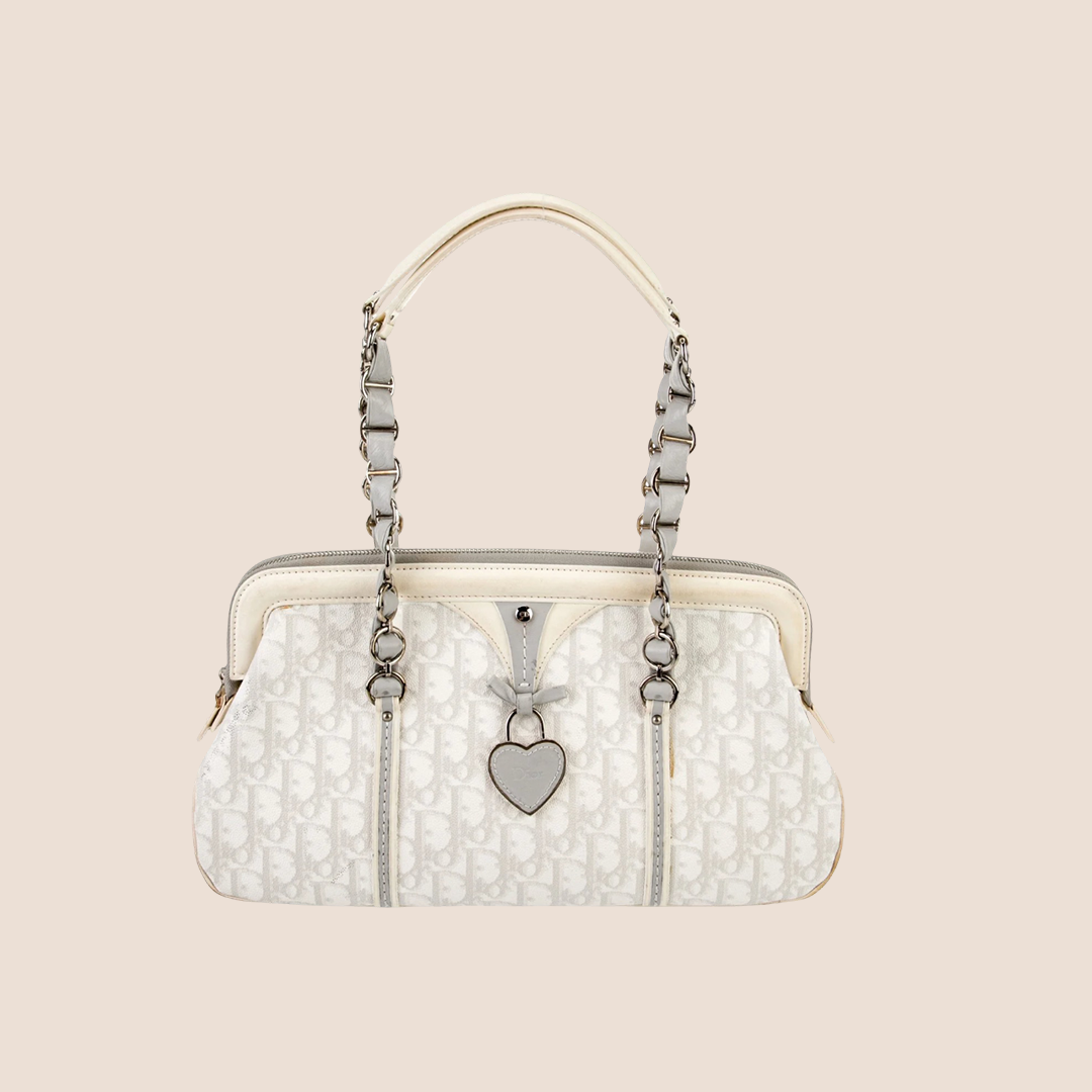 CHRISTIAN DIOR 2007 GREY & WHITE ROMANTIQUE TROTTER FRAME SHOULDER BAG